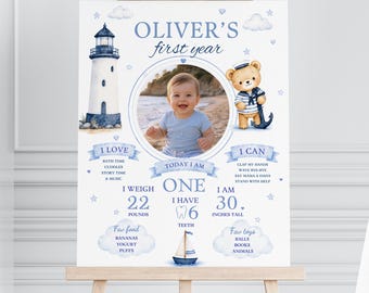 Boy First Birthday Milestone Sign with Photo, Nautical Sailor Teddy Bear Poster, Editable Canva