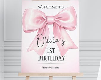 Pink Bow First Birthday Welcome Sign, Elegant Coquette Party Decor, Editable Canva Template