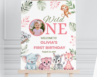 Girl Wild One Photo Welcome Sign, Pink Jungle Party Decor, Editable Canva Template