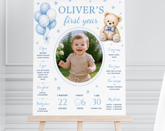 Boy First Birthday Milestone Board with Photo, Blue Teddy Bear Poster, Editable Canva Template