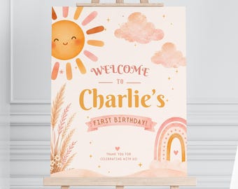 First Trip Around the Sun Welcome Sign, Boho Sunshine Birthday Board, Baby Girl Boy Decor, Editable Canva