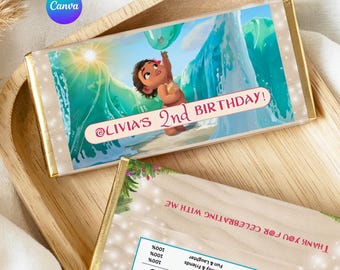 Baby Moana Chocolate Bar Wrapper, Editable Birthday Label, Hershey Wrapper, Canva Template