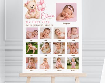 Girl First Birthday Photo Board, Pink Teddy Bear Monthly Milestone Collage, Editable Canva Template