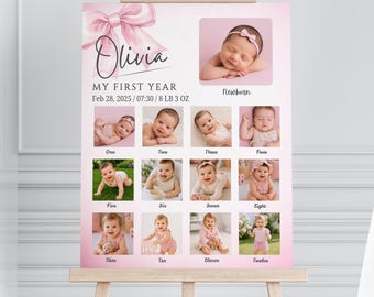 Pink Bow Baby Girl First Year Photo Poster, Newborn to 12 Months Collage, Editable Canva