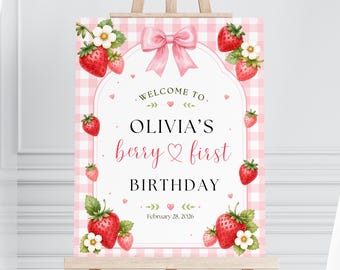 Editable Berry First Welcome Sign | Pink Strawberry 1st Birthday Poster for a Girl | Canva Template