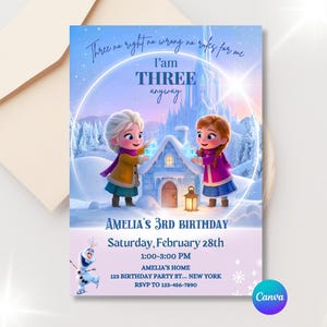 Peut inclure: Une invitation d'anniversaire avec des personnages de dessins animés et un château. L'invitation comprend le texte "I'm THREE anyway" et les détails de l'anniversaire d'Amelia, y compris la date, l'heure et le lieu.