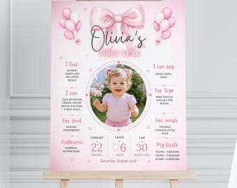 Baby Girl Milestone Board for 1st Birthday, Pink Bow First Year Poster with Photo, Editable Canva Keepsake