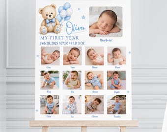 Baby Boy First Year Photo Sign, Blue Teddy Bear Monthly Photo Collage, Editable Canva Template