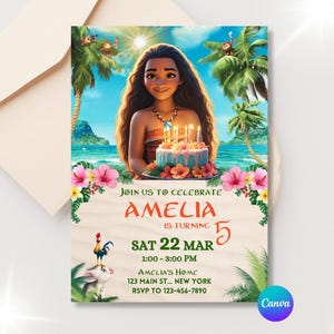 Puede incluir: Una invitación de cumpleaños con un personaje de dibujos animados sosteniendo un pastel. La invitación incluye el nombre "Amelia", la edad "5", la fecha, la hora y los detalles del lugar. Flores tropicales y palmeras enmarcan el diseño.