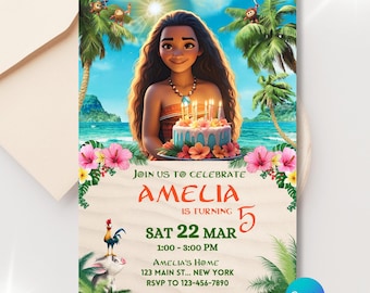 Moana Birthday Invitation - Editable Canva - Tropical Party