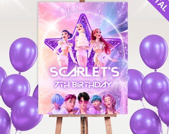 Cartel de bienvenida de K-Pop Demon Hunters / Póster de cumpleaños / Tablero de bienvenida editable en Canva / Descarga digital