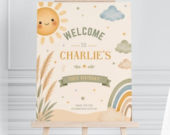 First Trip Around the Sun Welcome Sign Template, Boho 1st Birthday, Neutral Party Decor, Editable Canva