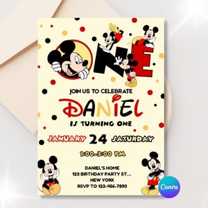 Mickey Mouse 1st Birthday Invitation, Red Yellow Black (Digital Canva Template)