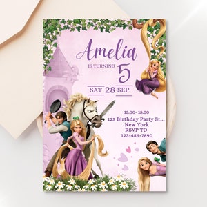 Invito di compleanno Rapunzel Rapunzel: festa da principessa - Canva modificabile - Download digitale