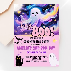 Pink Halloween Birthday Invitation: Spooky Ghost Theme (Canva Template)