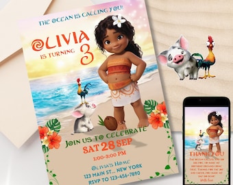 Könnte beinhalten: Eine Moana-Motto-Geburtstagseinladung mit einem Cartoon-Bild von Moana, einem Hahn und einem Schwein. Die Einladung ist für ein 3-jähriges Mädchen namens Olivia und enthält Datum, Uhrzeit und Ort der Party. Der Text auf der Einladung lautet: "Der Ozean ruft dich! Olivia wird 3. Feiert mit uns Sa 28 Sep 13:00-15:00 Uhr Olivia's Home 123 Main St... New York RSVP an 123-456-7890".