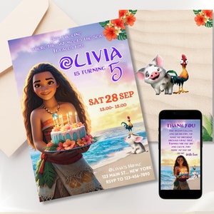 Invitation d'anniversaire Moana modifiable Invitation à une fête Moana Téléchargement instantané Modèle canva Fête d'anniversaire pour filles