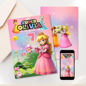 May include: A printable invitation for a Super Mario themed birthday party. The invitation features Princess Peach in a pink dress holding a gift. The text on the invitation reads "Super Olivia is turning 7". The invitation also includes a date, time, and location for the party.