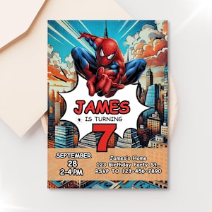 Faire-part d'anniversaire modifiable Spider Man, super-héros personnalisable, invitation de fête d'anniversaire pour garçons Modèle de toile numérique Téléchargement immédiat