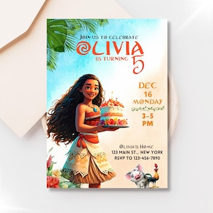 Invito di compleanno modificabile per festa a tema tropicale di Moana, invito digitale con download immediato, modello Canva