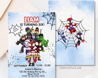 Invitación de cumpleaños de Spidey y sus amigos: Fiesta de superhéroes, plantilla editable de Canva (descarga digital de 13 x 18 cm)
