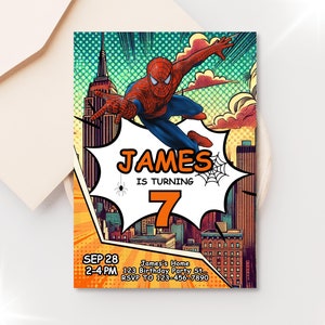 Convite de aniversário do Homem-Aranha, convite de super-herói personalizável, modelo digital editável para download instantâneo
