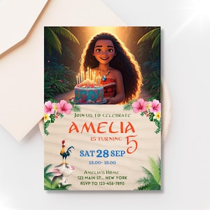 Convite de aniversário havaiano editável Moana Aventura no oceano Download instantâneo do modelo Canva