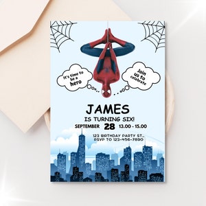 Invito di compleanno modificabile di Spiderman Invito per festa di supereroi Modello digitale Download immediato