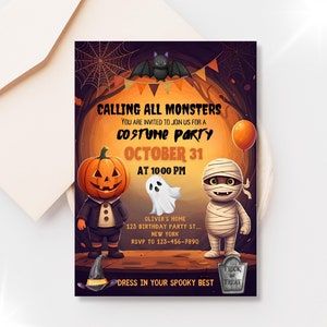 May include: A Halloween party invitation with a pumpkin, ghost, and mummy. The invitation says "Calling all monsters" and "Costume Party" with the date "October 31" and time "10:00 PM".