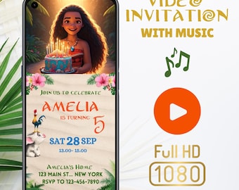 Moana Birthday Video Invitation: Animated Hawaiian Theme (Editable Canva Digital Download) MP4