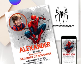 Spiderman Birthday Invitation with Photo - Superhero-Themed Party - Editable Canva