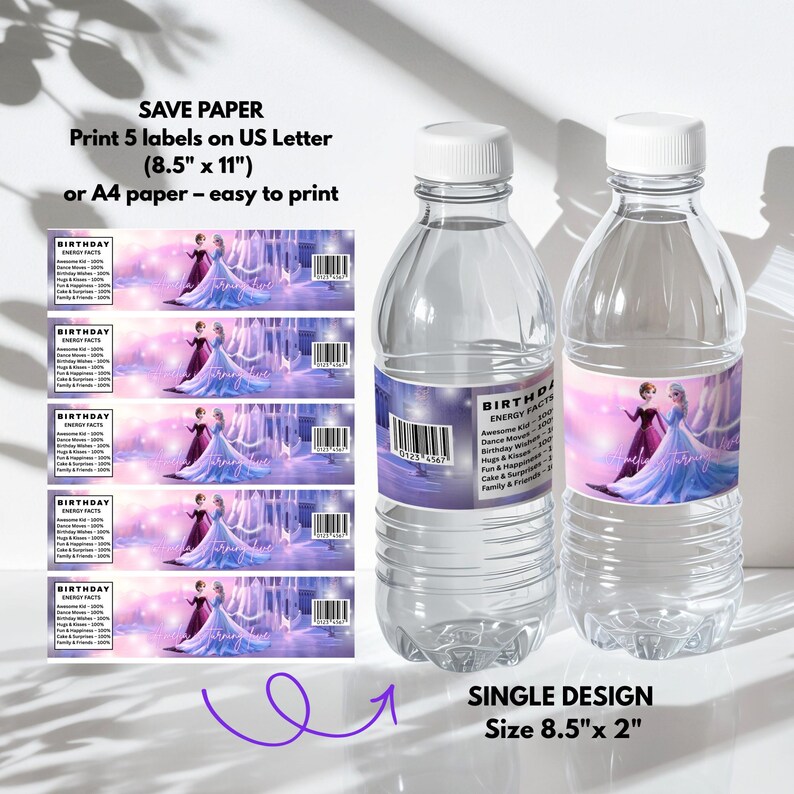 Pu&ograve; includere: Due bottiglie d'acqua in plastica trasparente con tappi bianchi ed etichette. Le etichette presentano un tema principessa con il testo "Birthday Energy Facts". L'immagine mostra anche un foglio di etichette di 21.6cm x 27.9cm.