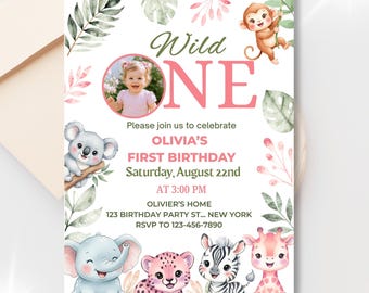 Girl Wild One Photo Invitation, Pink Safari First Birthday, Editable Canva Template