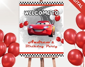 Cars Themed Birthday Welcome Sign -  Lightning McQueen Poster - Editable Canva - Instant Download