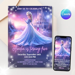 Op de afbeelding: Een verjaardagsuitnodiging met een prinses in een blauwe jurk voor een kasteel. De uitnodiging luidt "Amelia wordt vijf" met evenementdetails. Een smartphone toont een bijpassende "Bedankt"-kaart.