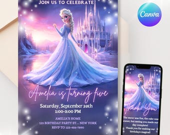 Invitación de cumpleaños de Elsa Frozen: invitación digital editable para fiesta de princesas del país de las maravillas invernal (Canva, descarga instantánea)