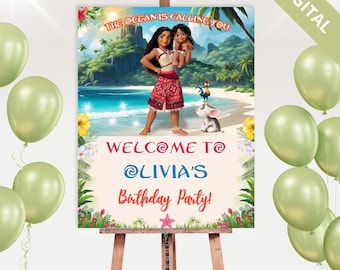 Editable Moana Welcome Sign, Tropical Birthday Party Decor, Canva Template - Instant Download