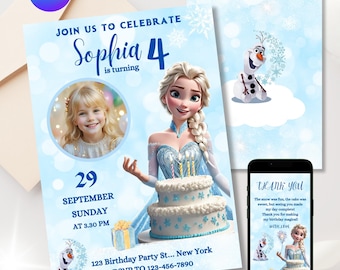 May include: A blue and white birthday invitation with a photo of a girl and a picture of Elsa from Frozen. The invitation says "Join us to celebrate Sophia 4 is turning" and includes the date, time, and location of the party.