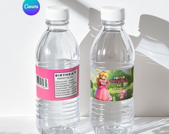 Prinzessin Peach Wasserflaschenetikett, Mario Girl-Geburtstagsfeierdekoration, bearbeitbares Canva-Etikett