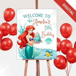 Ariel Meerjungfrau Geburtstag Willkommensschild | Bearbeitbares Meerjungfrau-Party-Poster | Sofortiger Download & anpassbare Canva Vorlage