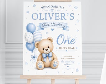 Blue Teddy Bear Welcome Sign, Boy First Birthday Party Decor, Editable Canva Template