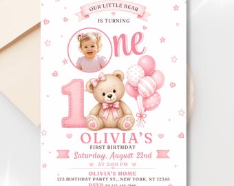 Teddy Bear First Birthday Invitation with Photo, Pink Baby Girl Editable Canva Template