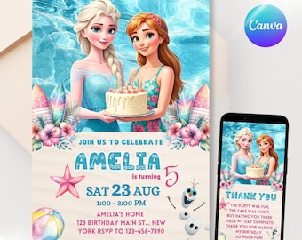 Frozen Birthday Invitation | Elsa & Anna Summer Invite | Beach Party | | Editable Canva
