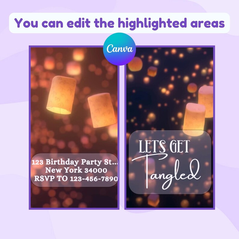 May include: A Canva-designed invitation with a night sky theme, featuring floating lanterns and glowing lights. The text includes "123 Birthday Party St... New York 34000 RSVP TO 123-456-7890" and "LET'S GET Tangled."