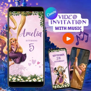 Puede incluir: Una invitación digital en la pantalla de un smartphone con una ilustración de princesa. La invitación incluye el nombre "Amelia", la edad "5" y el texto "Video Invitation With Music". Pantallas adicionales muestran la fecha "28 de septiembre sábado".