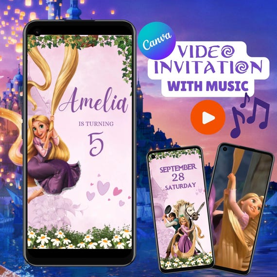 Rapunzel Birthday Video Invitation - Editable Canva - MP4