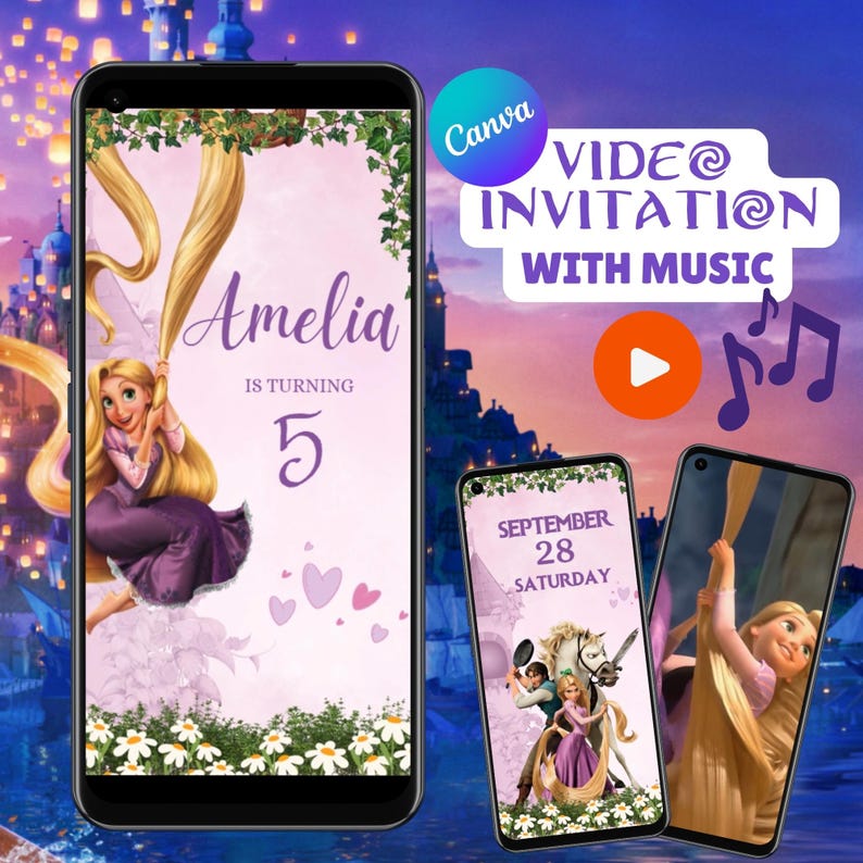 A Rapunzel-themed digital video invitation designed in a vertical layout (1080x1920 pixels). The background features a dreamy purple sky and glowing lanterns, with Rapunzel sitting gracefully on the left side of the screen. Her long golden hair flows down with floral embellishments surrounding the frame.