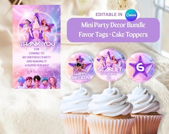 Kpop Demon Hunters Mini Party Decor Bundle – Editable Favor Tags & Cupcake Toppers – Girl Birthday