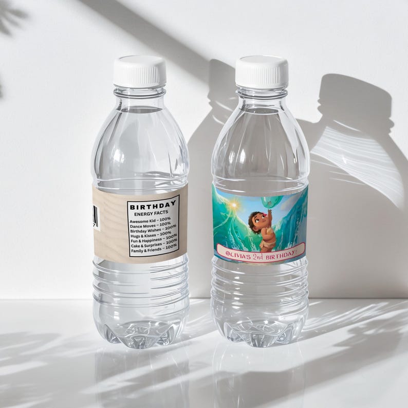 Two water bottles with custom labels, one showing Moana design and one with a birthday-themed label layout.