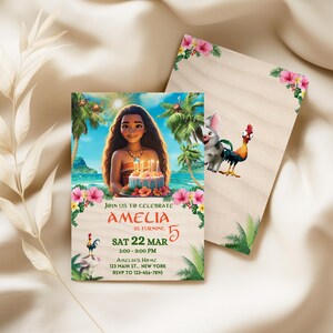 Close-up of a birthday invitation card placed on a soft fabric background, showing editable text areas for name, age, date, and location.
